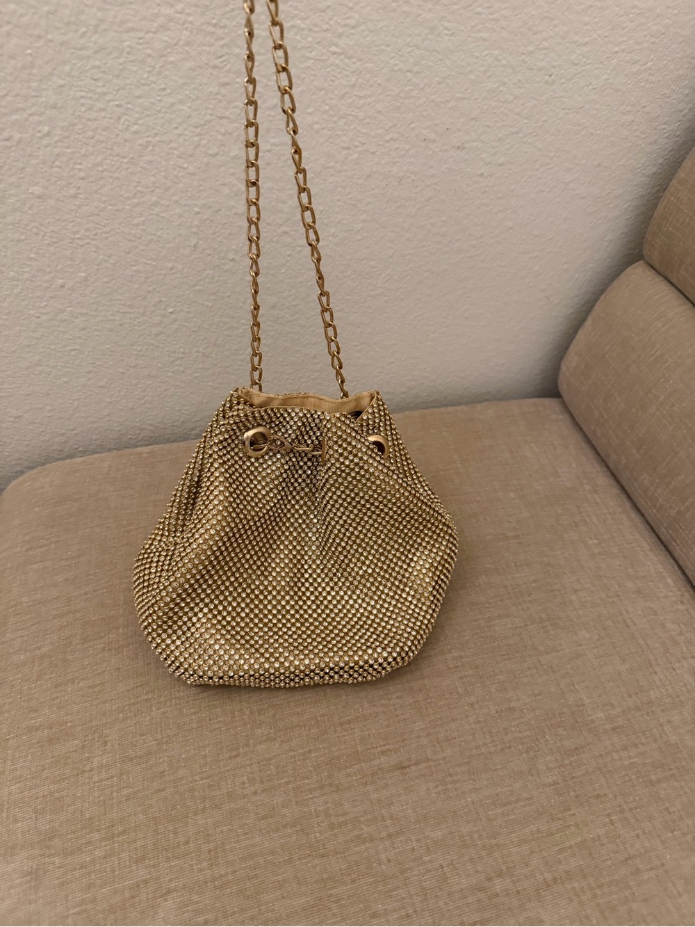 Gold Mesh Drawstring Shoulder Bag - Women